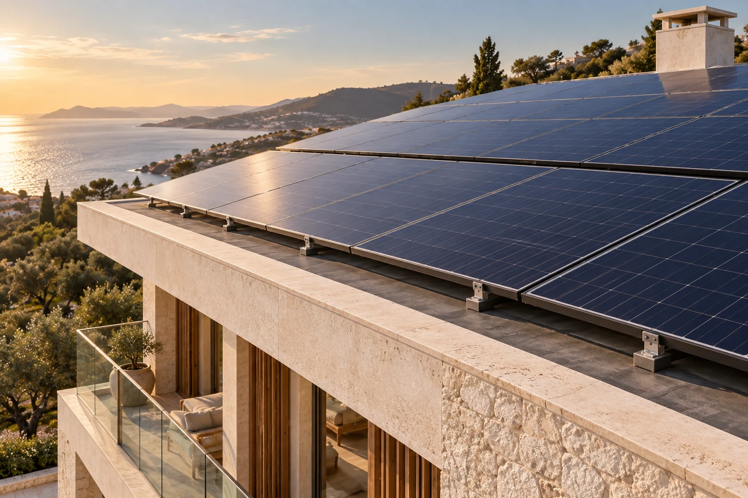 Güneş panellerinin çatıyla birlikte planlandığı villa detayı